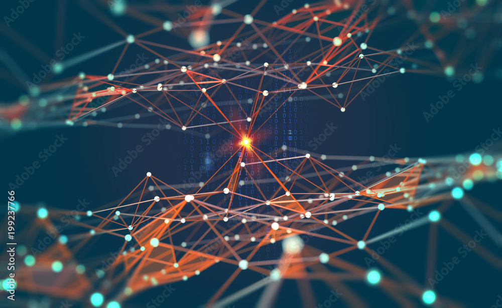 Leinwandbilder Global network. Blockchain. 3D illustration. Neural networks and artificial intelligence. Abstract technological background with binary code elements