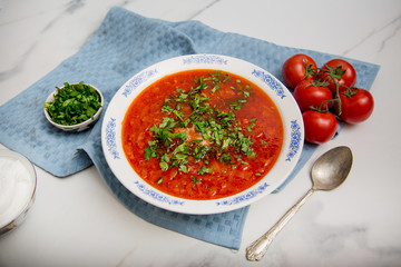 Traditional soup Borsh on marble background