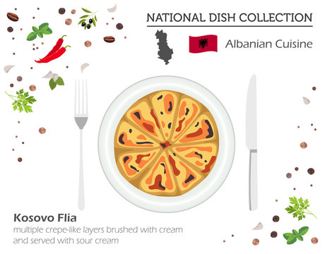 Albanian Cuisine. European national dish collection. Kosovo flia isolated on white infographic.