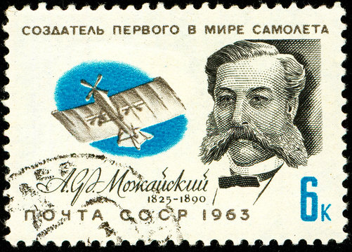 Ukraine - circa 2018: A stamp printed in USSR show the creator of the world's first aircraft, according to the USSR version, Mozhaysky and his monoplane. Series: Pioneers of aeronautics. Circa 1963