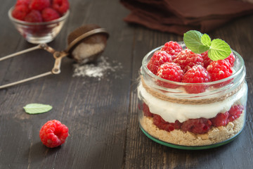 Raspberry dessert in jar