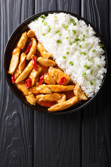 Delicious Thai chicken panang curry with garnish of rice close-up. Vertical top view from above