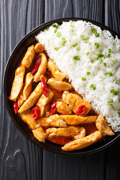 chicken panang curry with garnish of rice close-up. Vertical top view from above