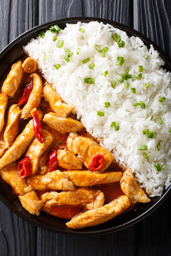Thai food: Panang curry with rice close-up. Vertical top view from above