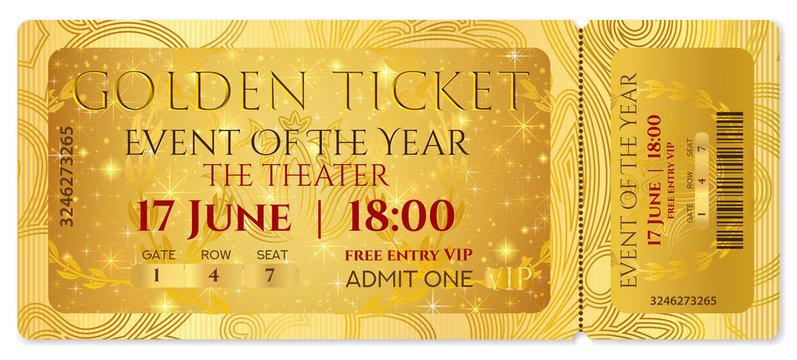 Golden ticket, golden token (tear-off ticket, coupon) with curve pattern. Useful for any festival, party, cinema, event, entertainment show