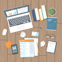 Business workplace with documents, laptop with information on the screen, notepad, phone, books, crumpled paper on the desk. Work, workplace, analysis, research, planning, management. Vector