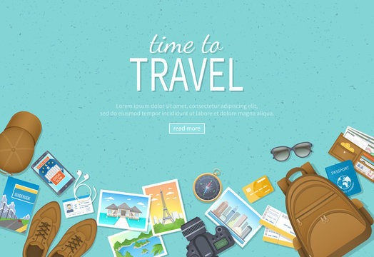 Time to travel, vacation, journey. Travel planning, preparing, packing check list, booking hotel. Сamera, photos, air ticket, passport, baggage, wallet,  compass, shoes, cap. Top view Vector 
