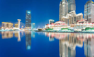 illuminated Haihe river scenery,Tianjin,China.