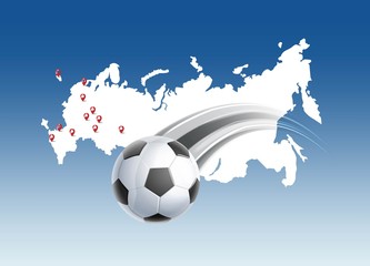Vector illustration with flying soccer ball and contours of state boundaries of Russia on blue background.
