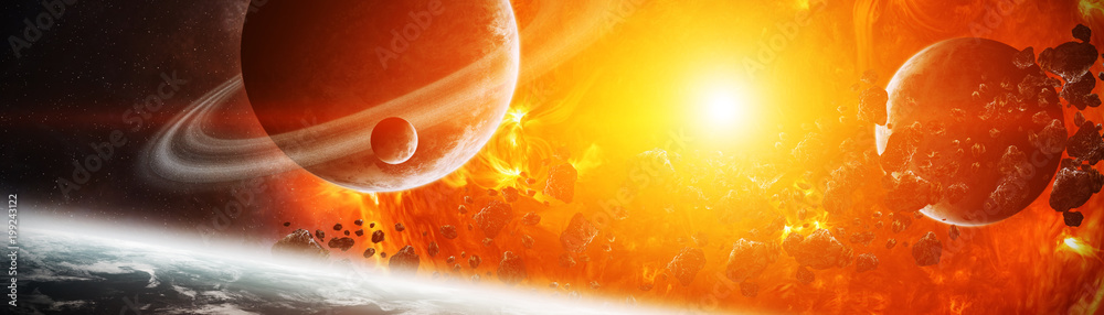 Wall mural exploding sun in space close to planet 3d rendering elements of this image furnished by nasa