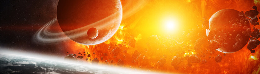 Exploding sun in space close to planet 3D rendering elements of this image furnished by NASA