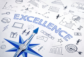 Excellence concept with blue compass. 3d Rendering