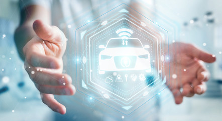 Businessman using modern smart car interface 3D rendering