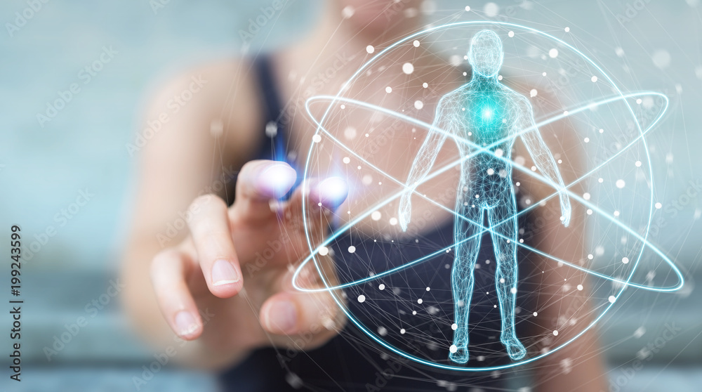 Poster businesswoman using digital x-ray human body scan interface 3d rendering