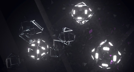3D Rendering Of Abstract Prisms With Lights On It With Flying Particles. Blockchain Technology Concept