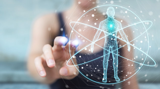 Businesswoman using digital x-ray human body scan interface 3D rendering