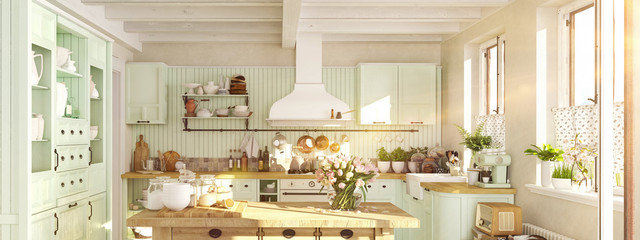 retro kitchen in a cottage with sun flares. 3D RENDERING