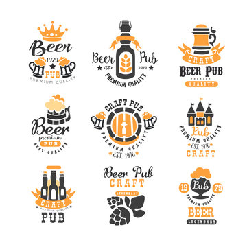 Vector set of creative emblems for beer pub, bar or brewing company. Alcoholic beverage. Stylish logo templates with bottles, hop, mugs and lettering
