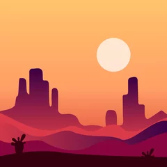 Papier Peint photo Pour elle Fond de paysage désertique du soir. Paysage naturel avec montagnes rocheuses et cactus. Conception de vecteur en dégradé de couleurs