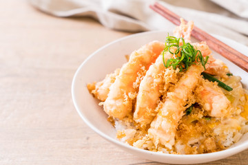 fried shrimps tempura on topped rice bowl