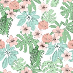Tropical seamless vector pattern with leaves and flowers.