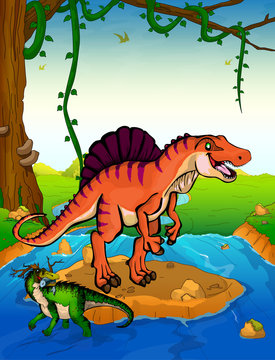Spinosaurus on the background of a waterfall.