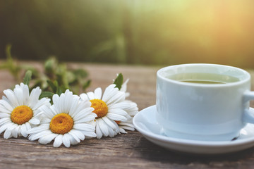 Obraz na płótnie Canvas Bouquet of chamomile and cup of tea
