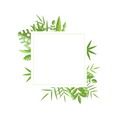 Square frame with green leaves on background. Natural border. Flat vector element for wedding invitation, save the date or mobile app