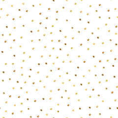 Golden dots seamless pattern on white background. Outstanding gradient golden dots endless random scattered confetti on white background. Confetti fall chaotic decor. Modern creative pattern.