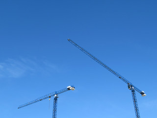 Construction cranes against the clear blue sky. Building industry