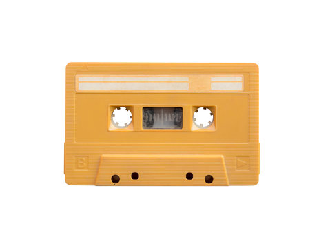 vintage yellow audio cassette tape side B isolated on a white background
