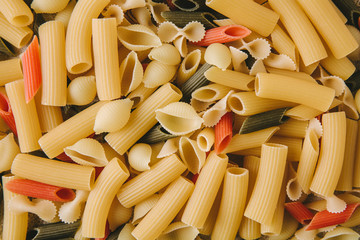 top view of various types of raw pasta