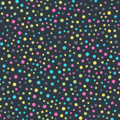 Colorful polka dots seamless pattern on black 10 background. Good-looking classic colorful polka dots textile pattern. Seamless scattered confetti fall chaotic decor. Abstract vector illustration.