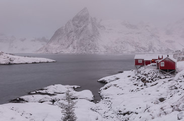 small typical norwegian red cabins on a shore of fjord, in a winter strom