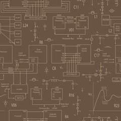 Seamless background with elements of electronic circuits, in the style of technical documentation , beige outline on a brown background