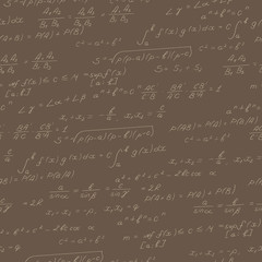 Seamless pattern on the theme of the subject of mathematics, formulas, theorems , beige outline on a brown background