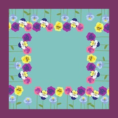 Fashionable shawl with beautiful multicolored Pansy flowers. bright trendy turquoise square background. Elegant scarf floral print. pareo, bandana.
