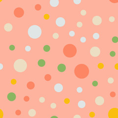 Colorful polka dots seamless pattern on bright 5 background. Wonderful classic colorful polka dots textile pattern. Seamless scattered confetti fall chaotic decor. Abstract vector illustration.