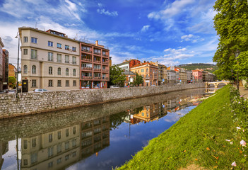 Fototapeta na wymiar View of old town with river in Sarajevo
