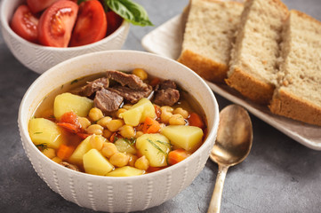 Chickpea soup with meat, asian cuisine.