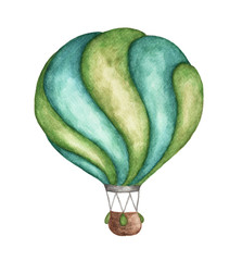 Fototapeta premium Green hot air balloon on white background, For design, print and background. Watercolor illustration. 