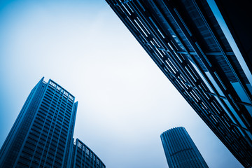 low angle view of modern buildings,blue toned,Tianjin,China,Asia.
