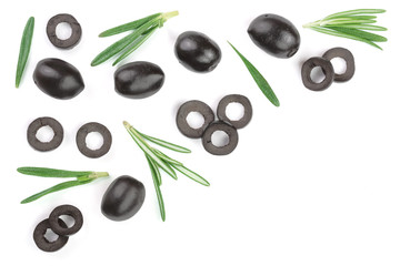 whole and sliced black olives with rosemary leaves isolated on white background. Top view. Flat lay pattern