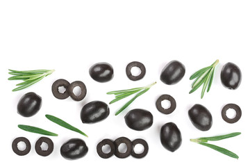 whole and sliced black olives with rosemary leaves isolated on white background. Top view. Flat lay pattern