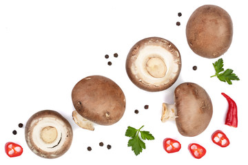 Fresh champignon mushrooms with parsley isolated on white background with copy space for your text. Top view