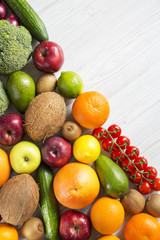 Composition with different fresh organic fruits and vegetables. Copy space. Top view. Flat lay.