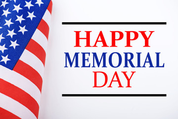 Fototapeta premium Background of United States flag on white background next to text about memorial day celebration.