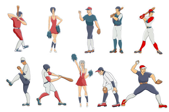 Vector hand drawn set of a baseball players and cheerleaders. Cute cartoon characters.  