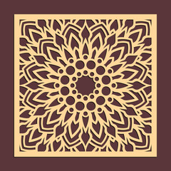 Laser cutting panel. Golden floral pattern. Gift or favor box silhouette ornament. Vector coaster design for metal, wood, paper work.