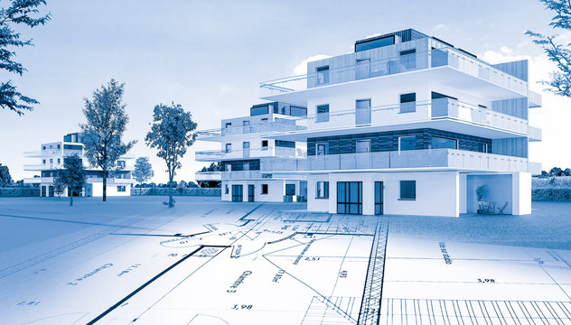 Immeuble moderne et esquisse d'architecte